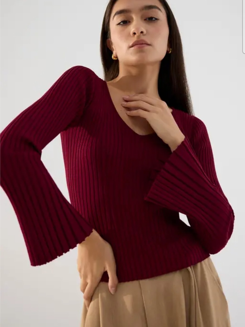 Vintage WOW Couture Y2K Ribbed V-Neck Bell Sleeve Bodycon Sweater - Burgundy